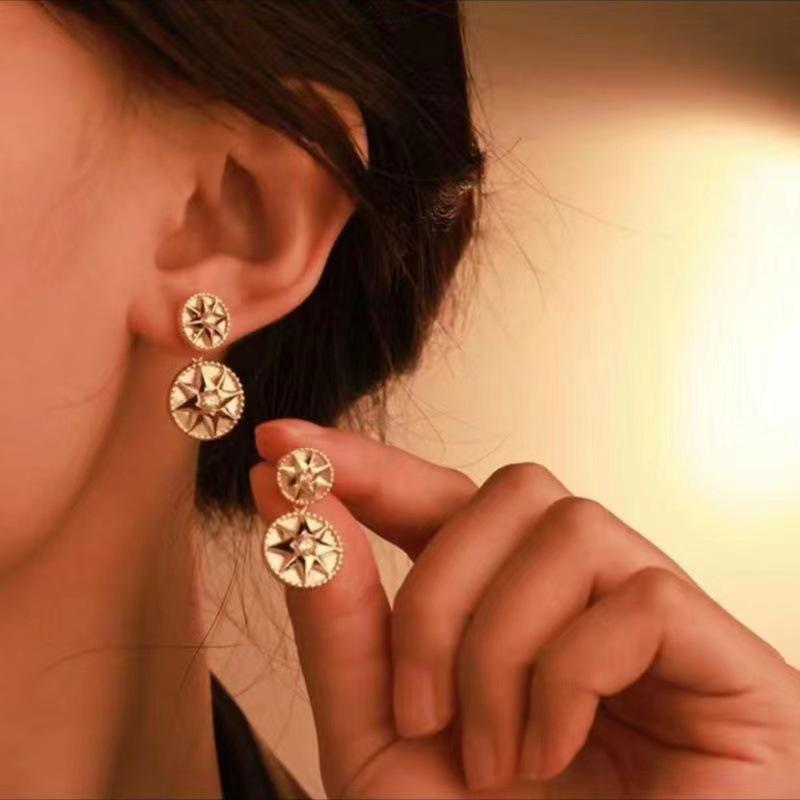 White Mother-of-Pearl Compass Stud Earrings with Zircon Encrusted Eight-Pointed Star