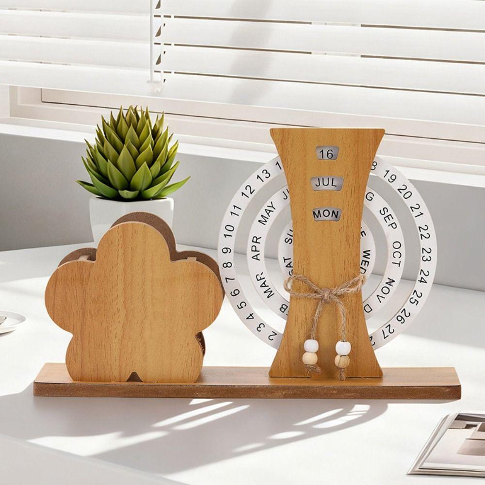 Round Rotating Calendar Wooden Creative Calendar  Home Office Desktop Decoration