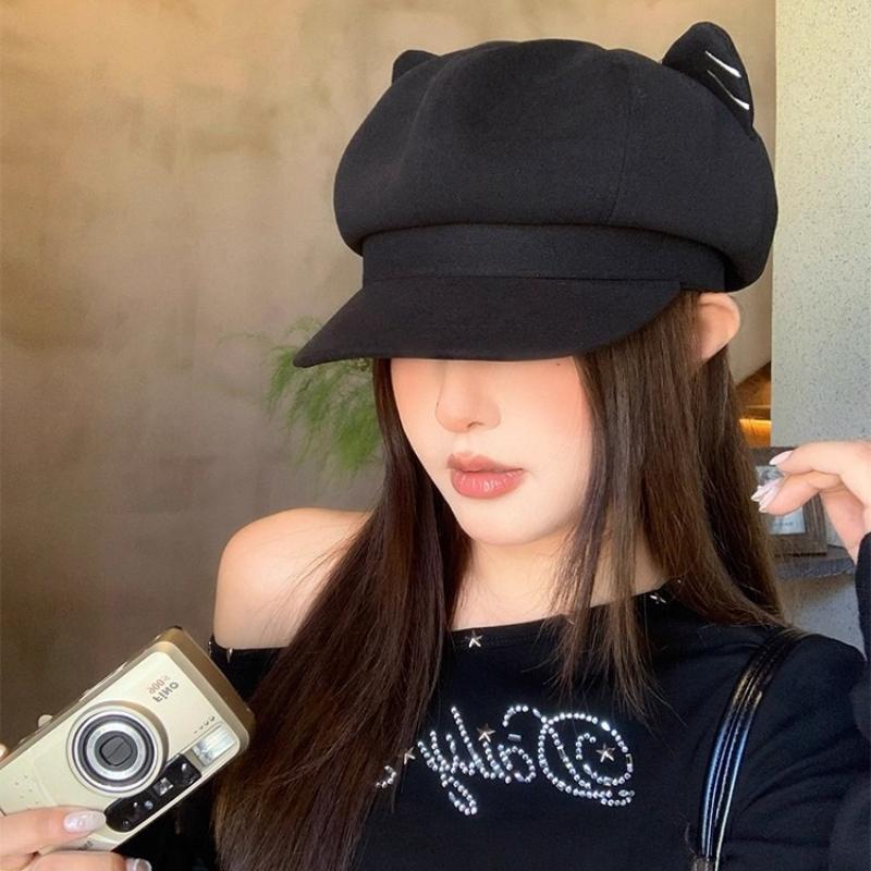Boina de gato fofa de lã japonesa feminina versátil para primavera e outono chapéu de jornaleiro bico de pato chapéu octogonal moda
