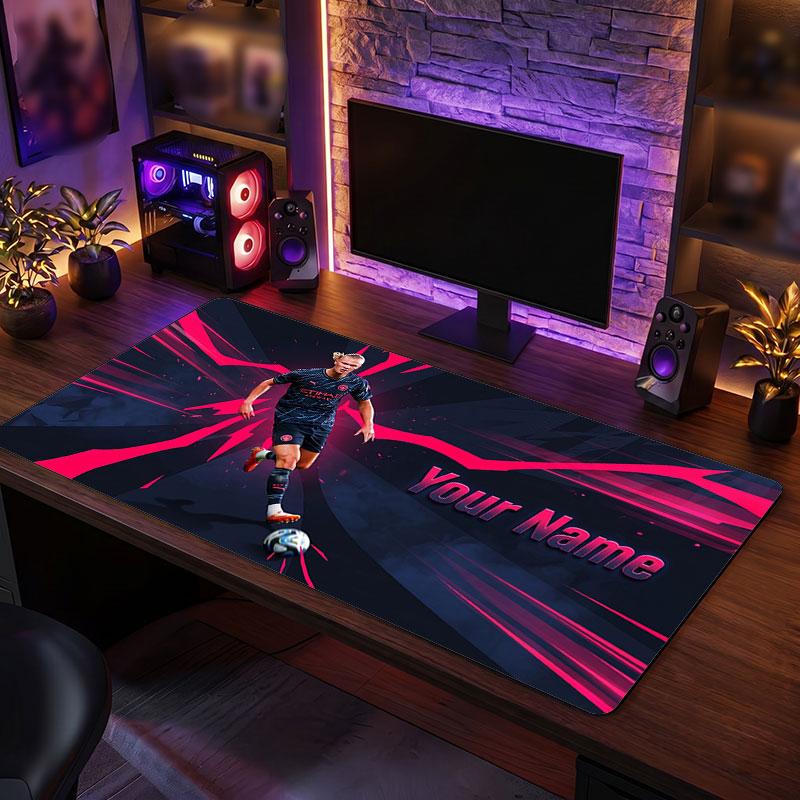 Erling Haaland Custom Large Mouse Pad, Personalized Name Text Print, Football Logo Non‑Slip Desk Mat Gaming Gift