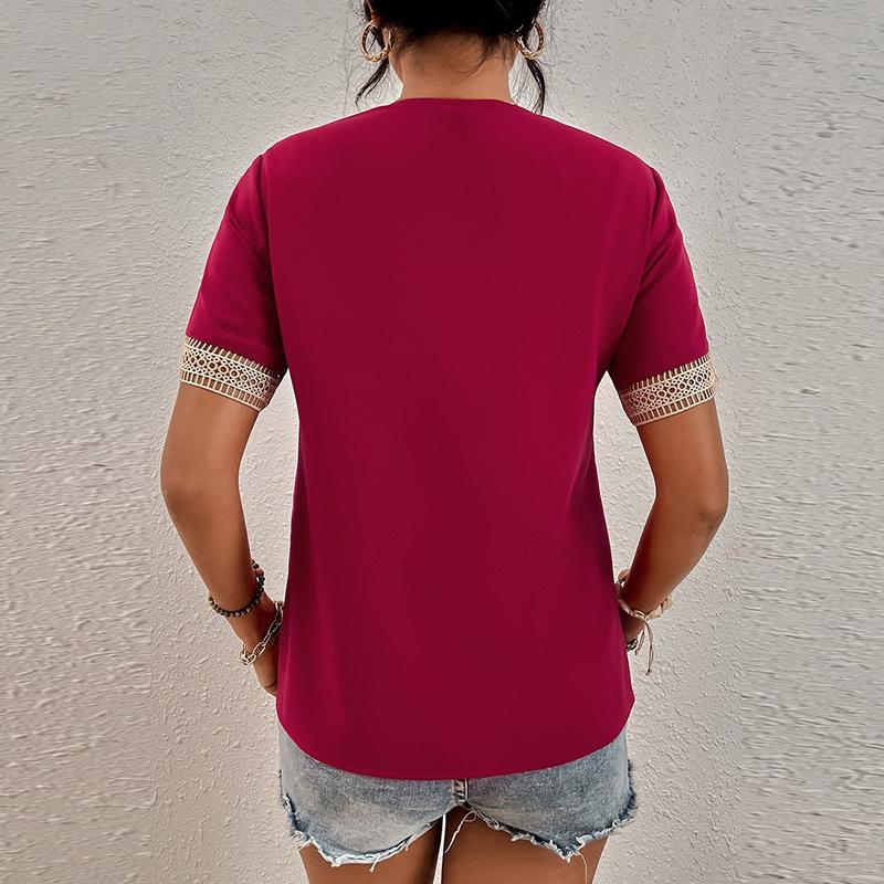 Fashion Women Summer Solid Color T-Shirts Hollow Out Design Lace V-Neck Short Sleeve Casual Loose Pullovers Tops Tees