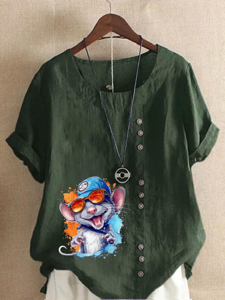Women's Fashion Colorful Mouse Print Round Neck Short Sleeve T-shirt Casual Cotton Linen Graphic Shirt Leisure Loose Summer Blouse Tops
