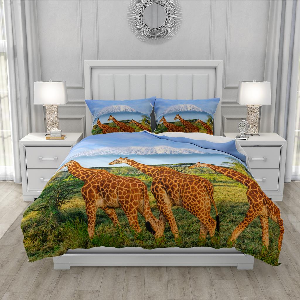 3D Animal Bedding Set - Giraffes Mountains Grassland Quilt Cover Twin/King Size, 2/3PCS Soft Polyester Bed Linen, Durable & Fade