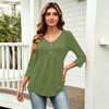 Womens 3/4 Sleeve V Neck Button Detail Solid Color Tunic Top Casual Loose Fit Blouse with Pockets