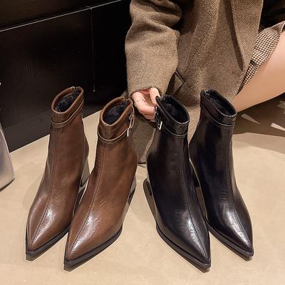 French Thick Heel Pointed High Heel Fashion Short Boots Thick Heel Small Man Heightened Autumn and Winter New Casual Versatile Thin Boots