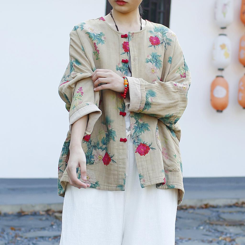 Johnature Women Vintage Print Floral Jackets O-Neck Long Sleeve Coats Spring Button Bat Sleeve Pockets Female Jackets