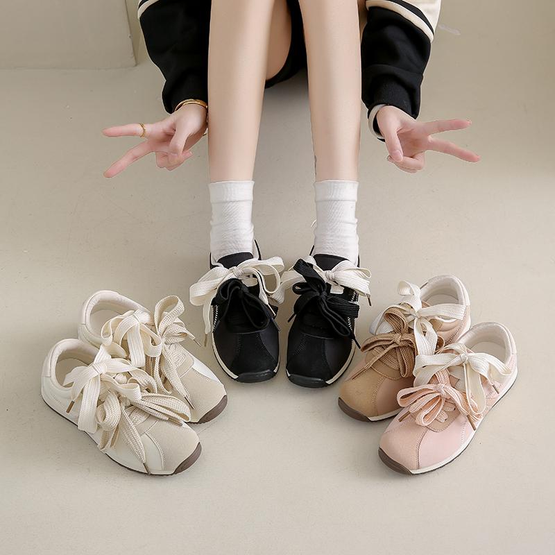 Women's Casual Sports Shoes Fall New Round Head Suede Splicing Front Lace-up Comfortable Flat Shoes