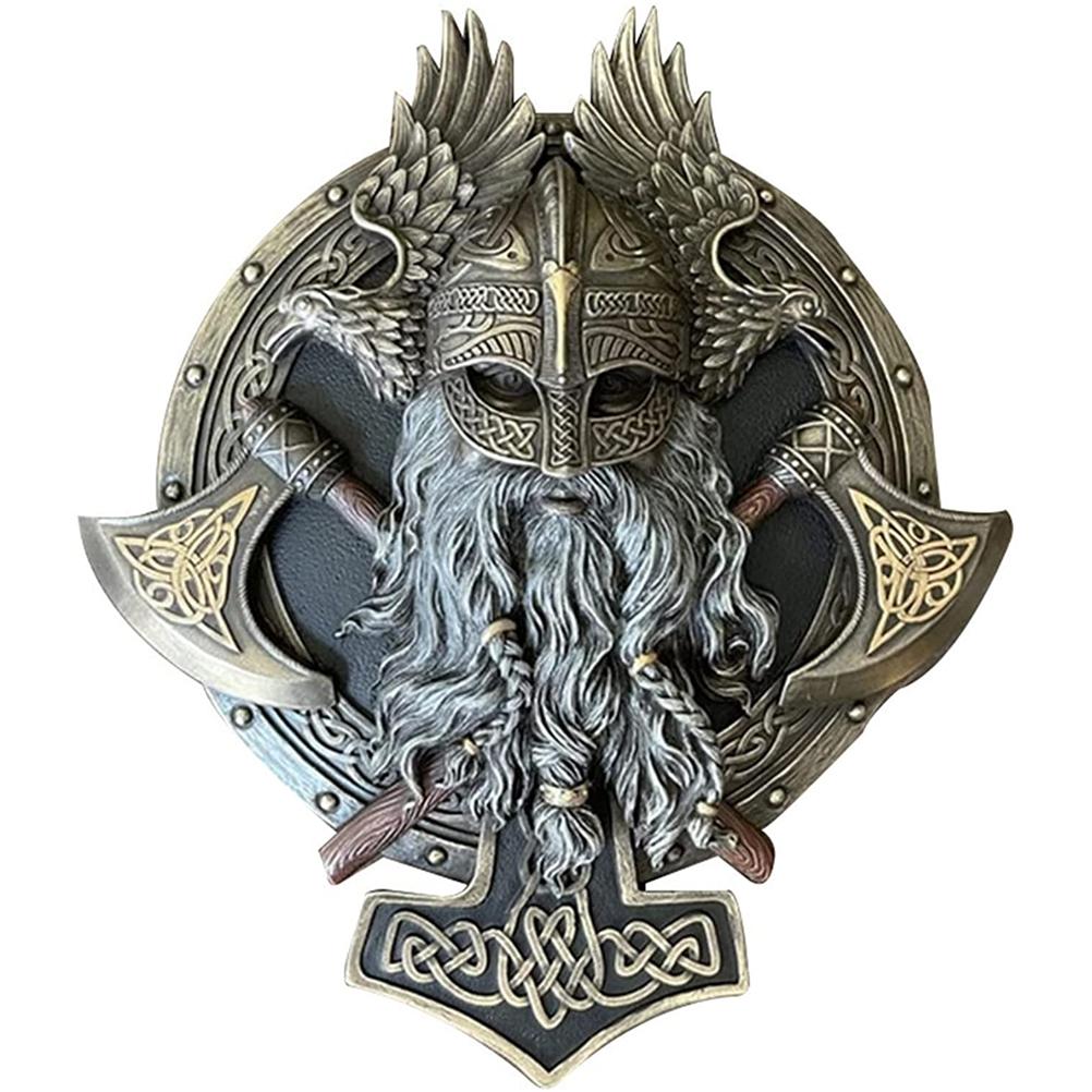 Viking Warrior Double Axe Wall Decor Resin Ornament Bronze 21x18cm