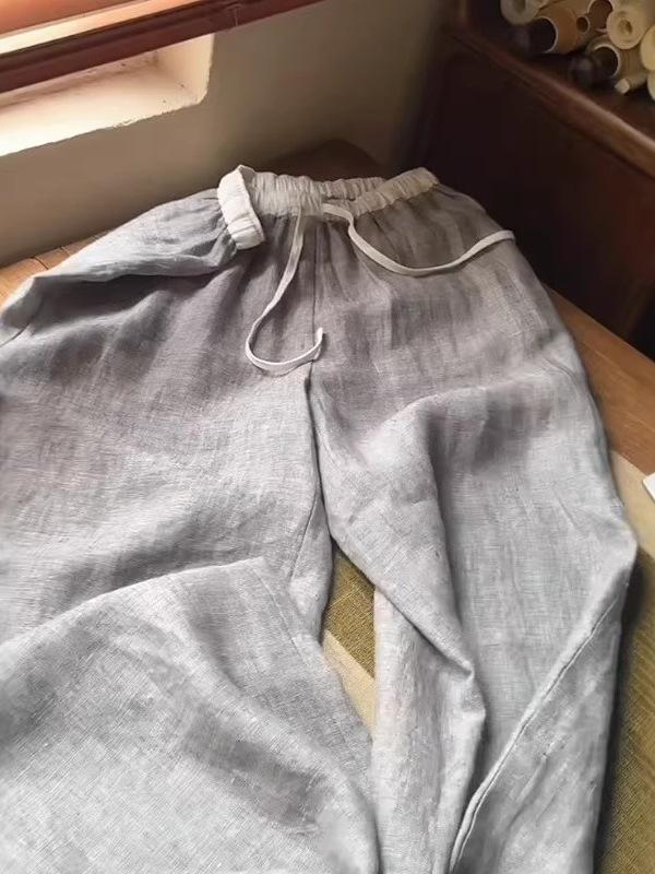 CHAOS Level Recommendation: High-End Gray Linen Wide-Leg Pants with Elastic Waist and Drawstring Design