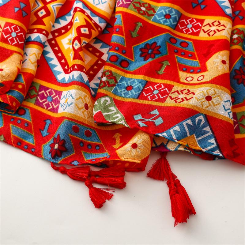 Yitao Bohemian Red Vintage Ethnic Travel Shawl - Silk-Like Cotton Linen Sunscreen Scarf for Women