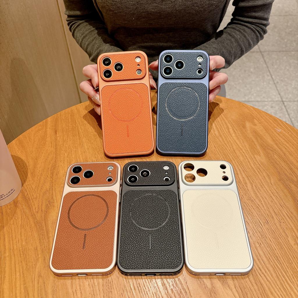 ForMagsafe Litchi Texture Leather Magnetic Case For iPhone 17 Air 16 15 14 13 Pro Max Frosted Large Window Shockproof Cover