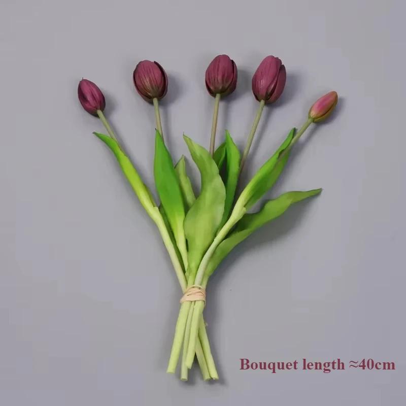 5pcs Artificial Flowers Soft Tulip Fake Flower Real Touch Home Garden Table Wedding Decoration Simulation 5-Head Tulips Bouquet