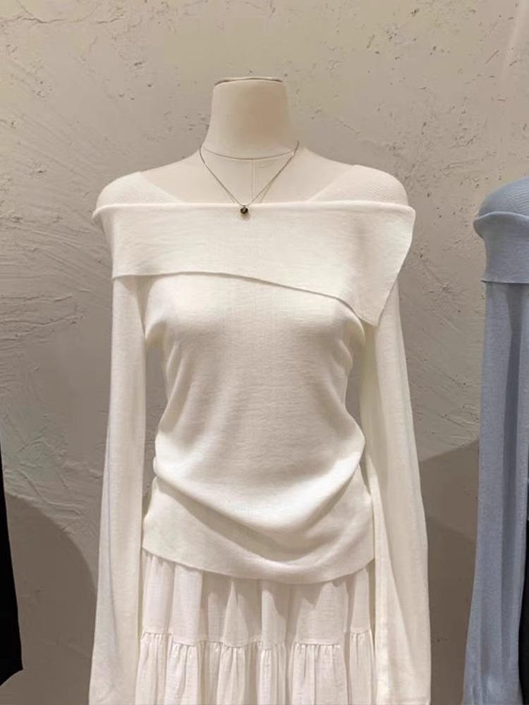 Irregular one-word collar off-shoulder top women's spring soft waxy knitted sweater temperament slim-fitting bottoming shirt