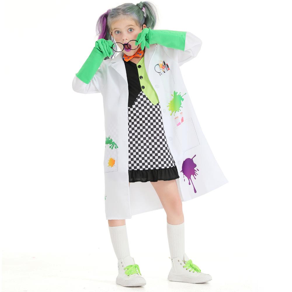 Kids Girls Crazy Science Laboratory Scientist Jacket Gloves Dress Set Children Halloween Cosplay Costumes Role Play Outfit
