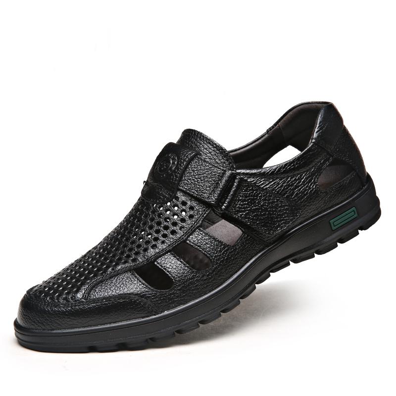 

Модные сандалии из натуральной кожи среднего возраста, летние сандалии ручной работы для отдыха на открытом воздухе, модные удобные мужские пляжные туфли из полой кожи 46 чёрный