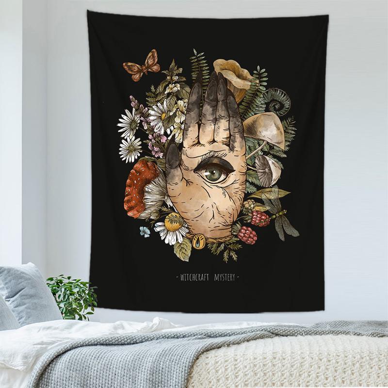 Boho Sun Moon Tapestry, Nature Wall Hanging, Vintage Mushroom & Fern Print for Cottagecore & Witchy Room Home Decor