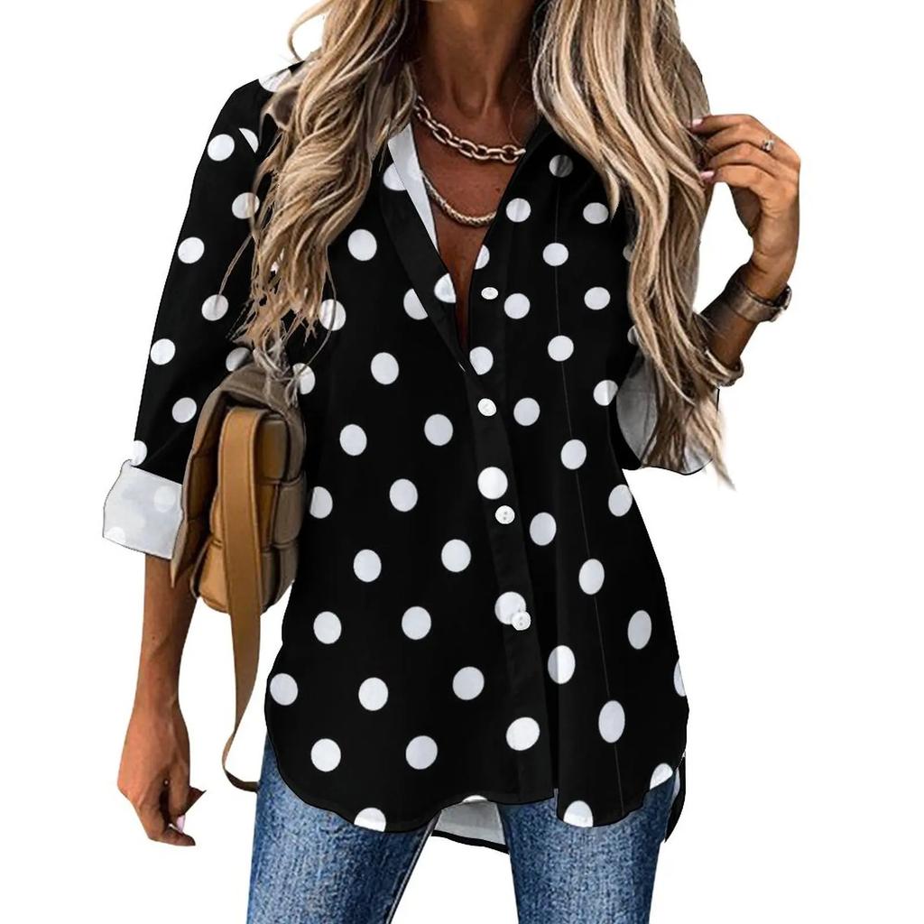 Damen gepunktetes Hemd Mode Neu Frühling und Herbst Lässig Elegant Langarm Revers Oberteil Street Style Personalisiertes Hemd