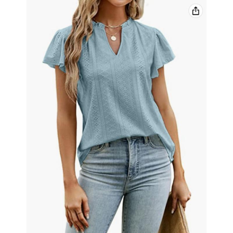 

Весна-лето Жаккардовый V-образный вырез с короткими рукавами и принтом листьев лотоса для женщин XXL светло-синий