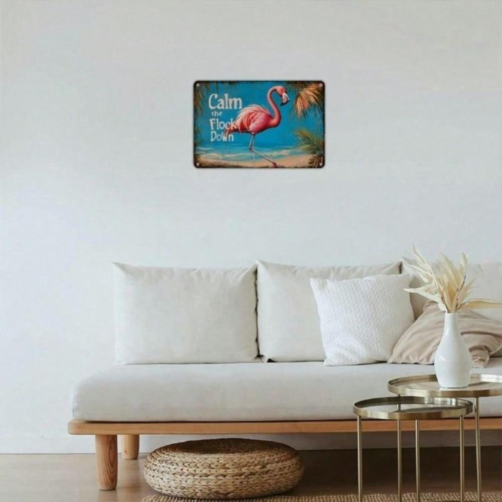 Metal Wall Art Vintage Flamingo Poster Pre Drilled Iron Sign 12x8 Inch for Bar