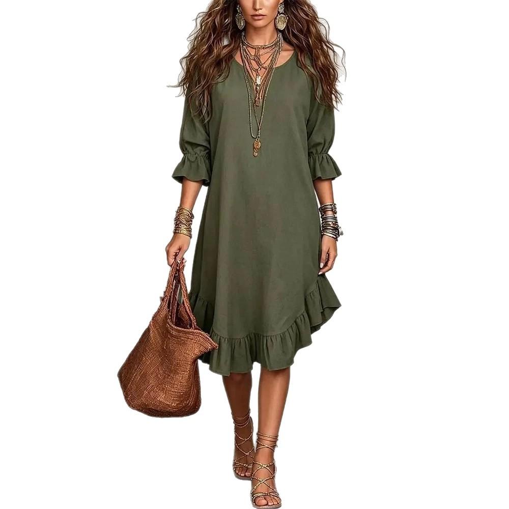 Solid-color, Ethnic-style, Loose-fitting, Figure-hugging and Slimming Seven-inch Sleeve Casual Resort Dress