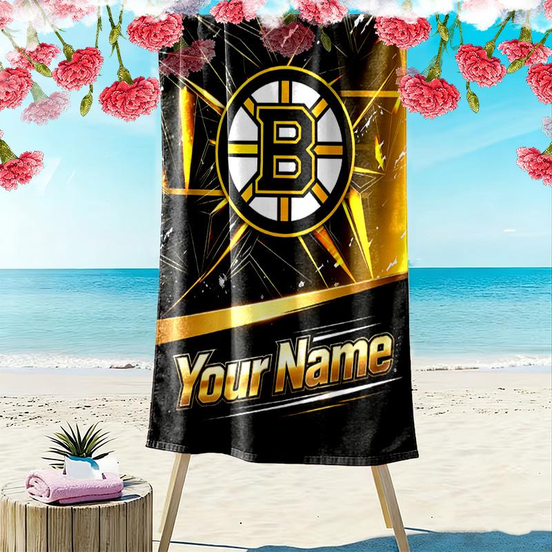 Name Custom Boston Bruins Logo Print Beach Towel, Large Soft Quick Dry Towel for Beach Camping Swimming