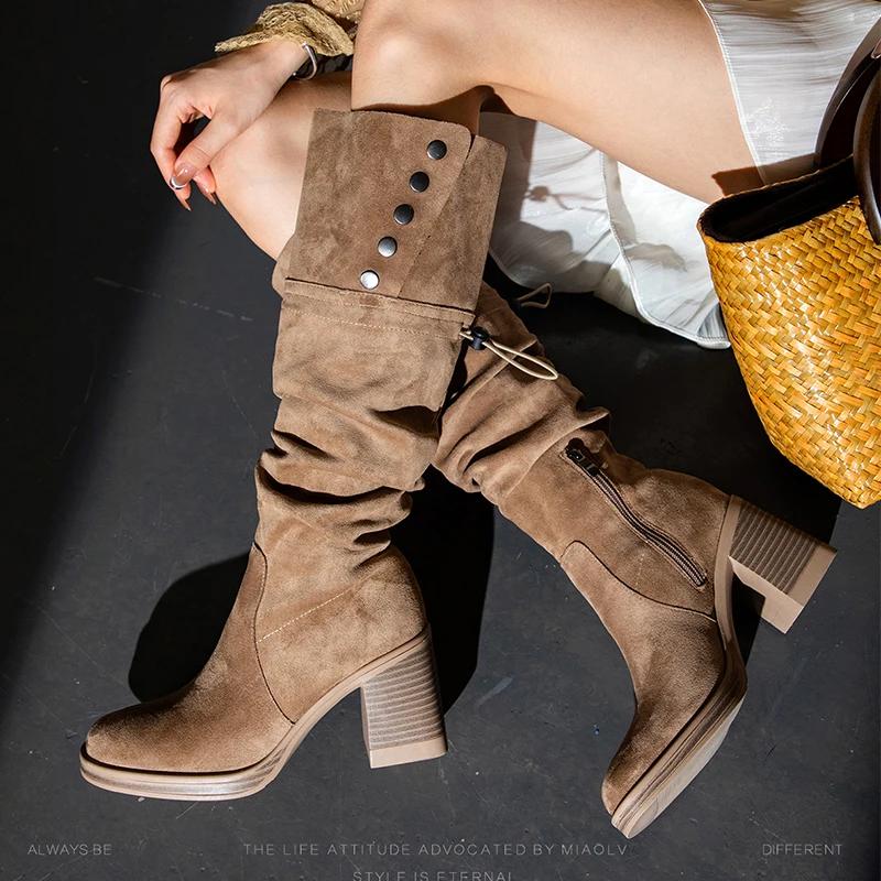 

Женские ботфорты на высоком каблуке Элегантная модная обувь Зимние дизайнерские ботинки челси до колена Новые туфли-лодочки Платье Женские ботинки 40