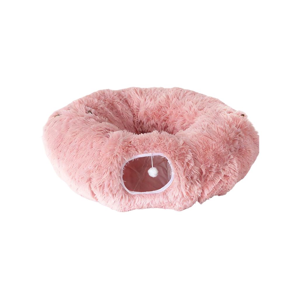Plush Foldable Donut Cats Tunnel - Warm PV Fleece Cats Cave With Hanging Pom-Pom Toy, Self-Entertaining Pet Hideout & Rest Bed For Cats