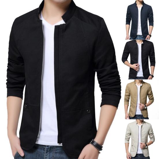 Casual Men Autumn Solid Color Stand Collar Zipper Pockets Thin Slim Blazer Coat