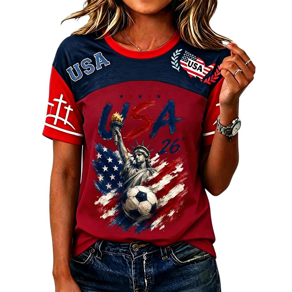 Women’s Casual Short Sleeve Pullover Crewneck Top with Soccer Graphic and USA Letter Print for Everyday Wear