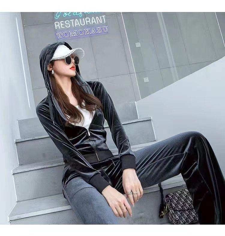 Women's Gold Velvet Tracksuit, 2025 Spring/Autumn Trendy Fashion Casual Hoodie Two-Piece Set