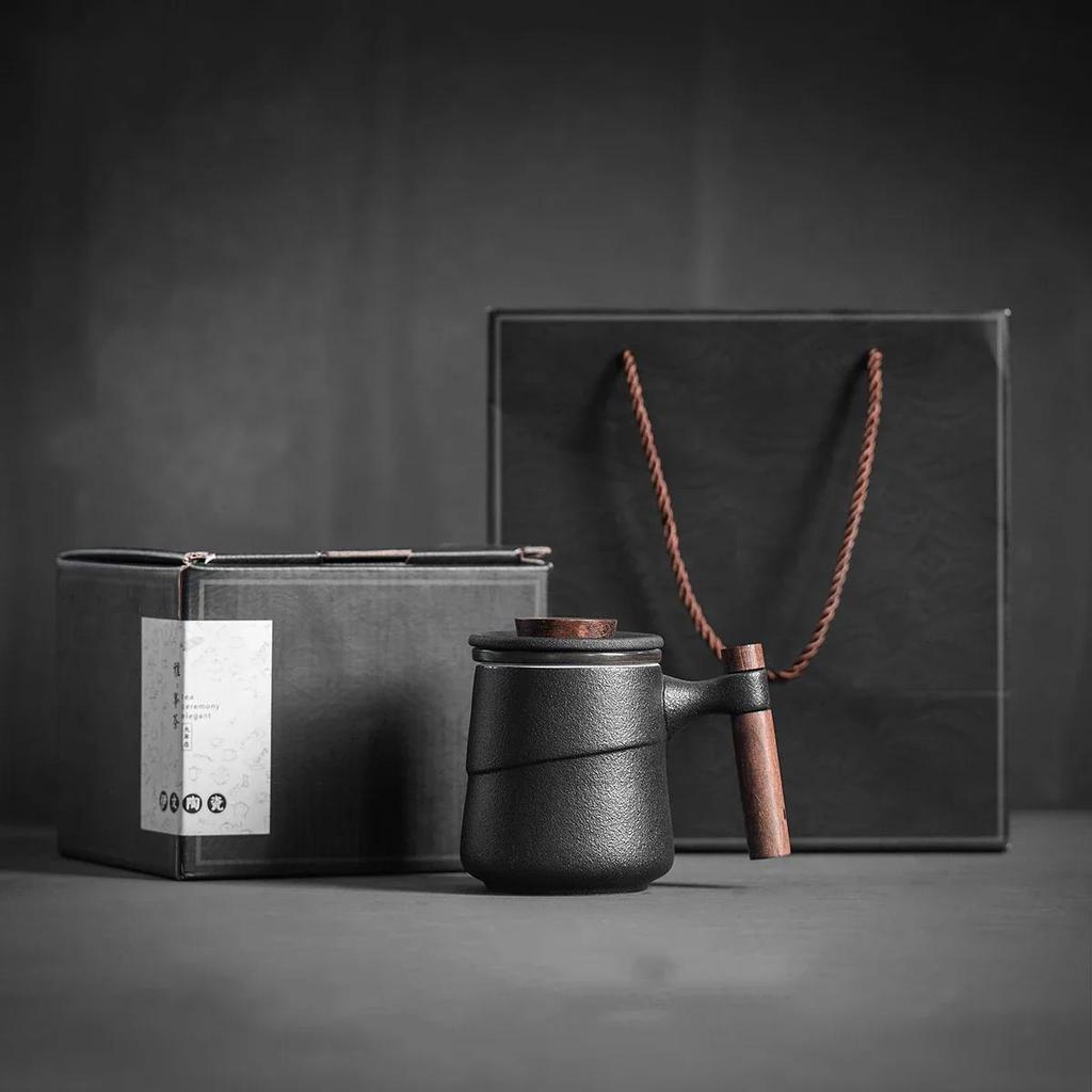 Black Ceramic Cup Wooden Handle Filter Tea Cup Ceramic Mug Creative Office Retro Elegant Water Cups and Mugs Aesthetic China Set Birthday Gift Box