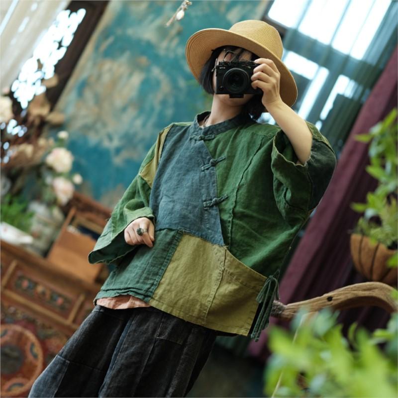 Johnature Women Vintage Patchwork Shirts Tops Chinese Style Stand Long Sleeve Blouses Spring Shirts