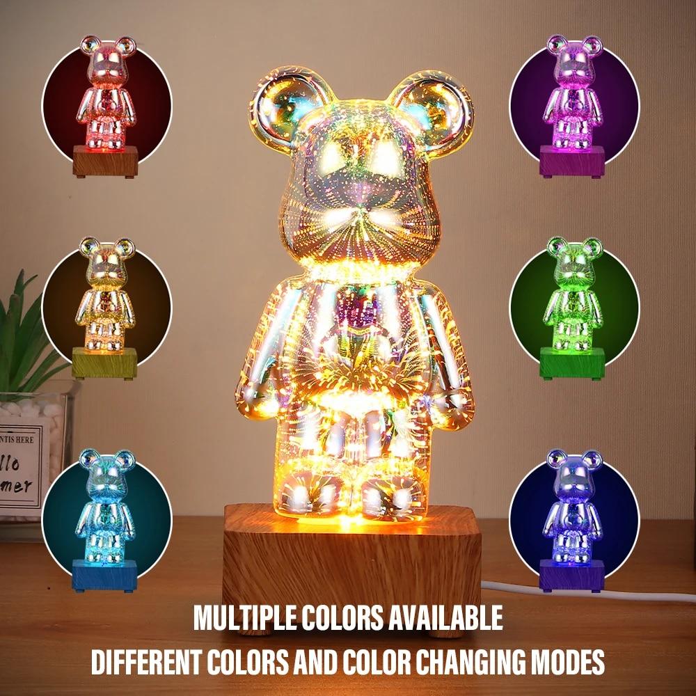 LED 3D Bear Fireworks Night Light USB Projector Light Color Changing Environment Light Suitable for Children's Room Bedroom Decoration New Year Gift