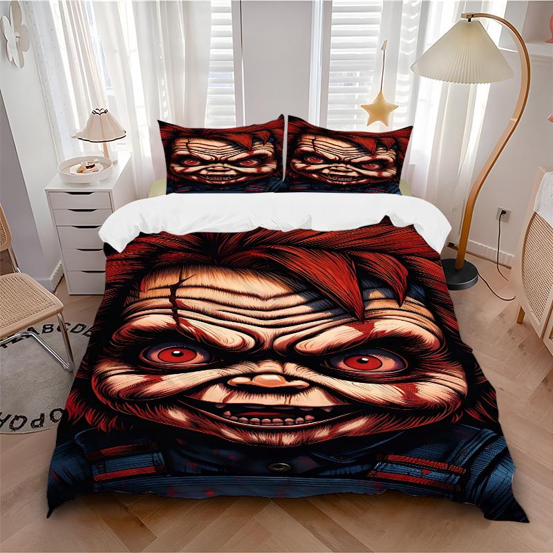 3-teiliges Horror-Puppen-Bettwäscheset. Weich und bequem, ohne Kern. (1x Bettbezug + 2x Kissenbezüge) yy251031027