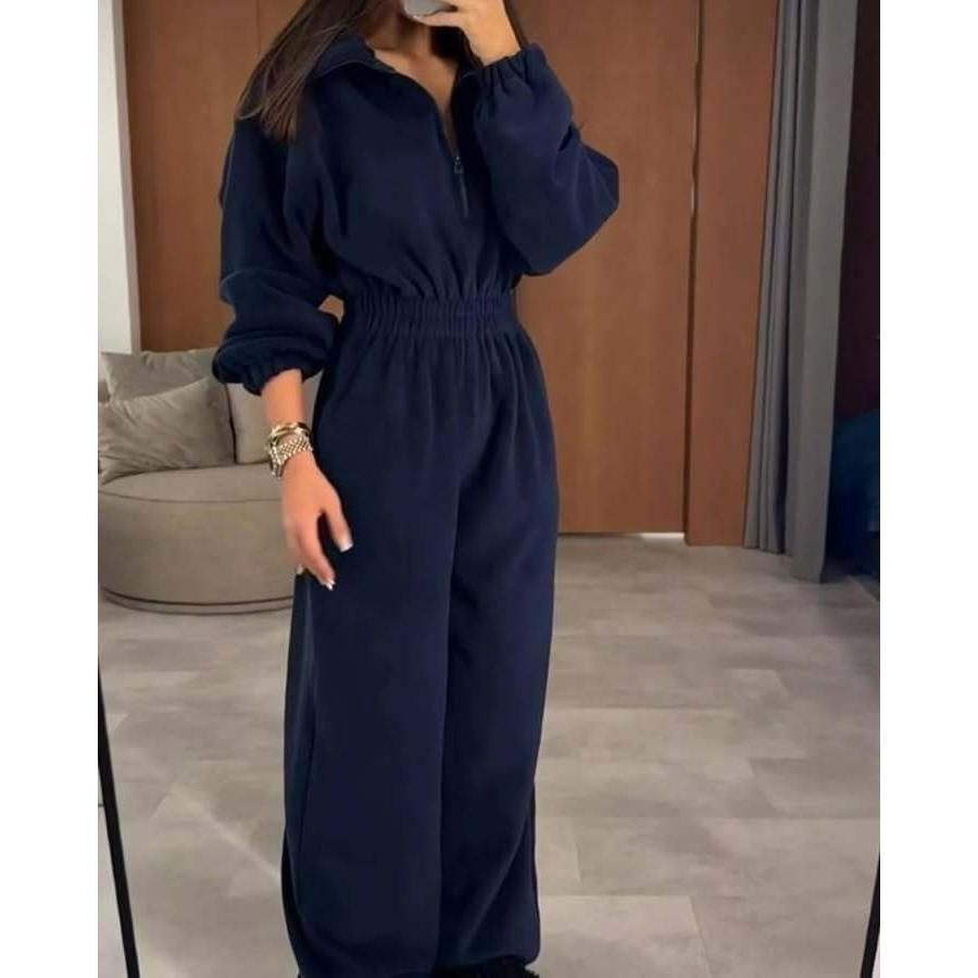 Moda Donna Autunno e Inverno Tuta a Manica Lunga da Donna Casual Mezza Apertura Vita Elastica Tuta Intera