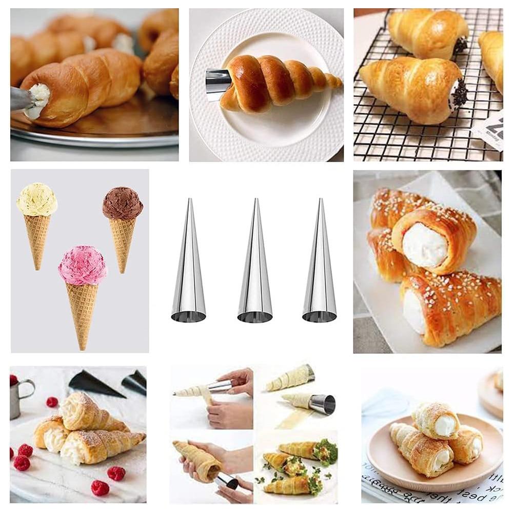BOMSTOM 10-Piece Cone Shape Cake Roll Molds, Stainless Steel Cylinder Roll Formers, Silver Baking Tools