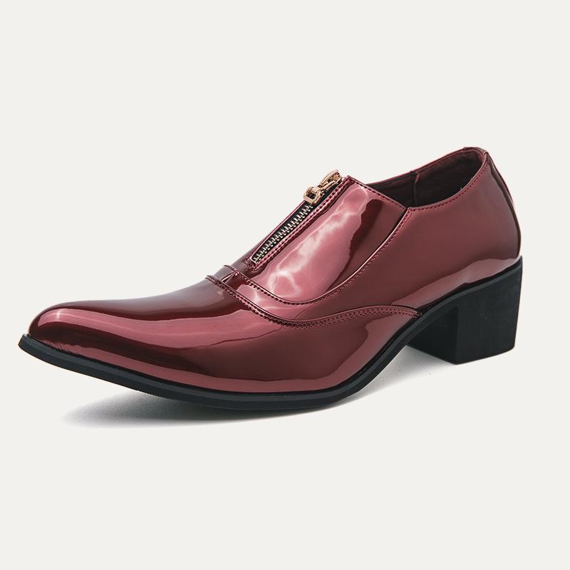European Station Glossy Casual Leather Shoes Spring and Autumn Fashion Pointed Business Shoes Front Zipper Dress Thick Heel Heightening Shoes