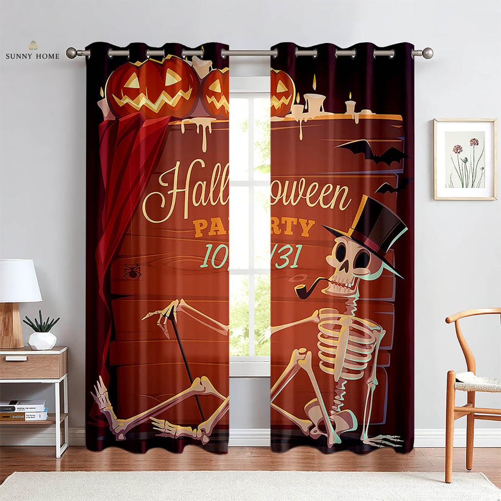 Halloween Skull Cartoon Print Curtains Suitable For Children's Room Living Room Restaurant Holiday Party Decoration Curtains