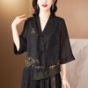 2024 Spring Women's Embroidered Buttoned Top - Irregular Design, Three-Quarter Sleeves