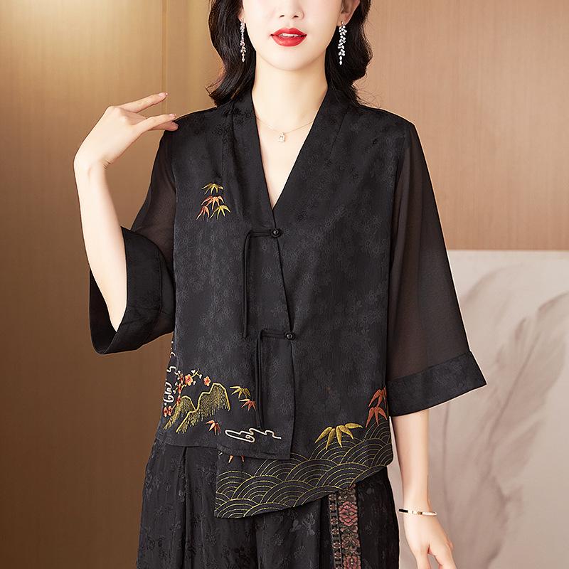 2024 Spring Women's Embroidered Buttoned Top - Irregular Design, Three-Quarter Sleeves