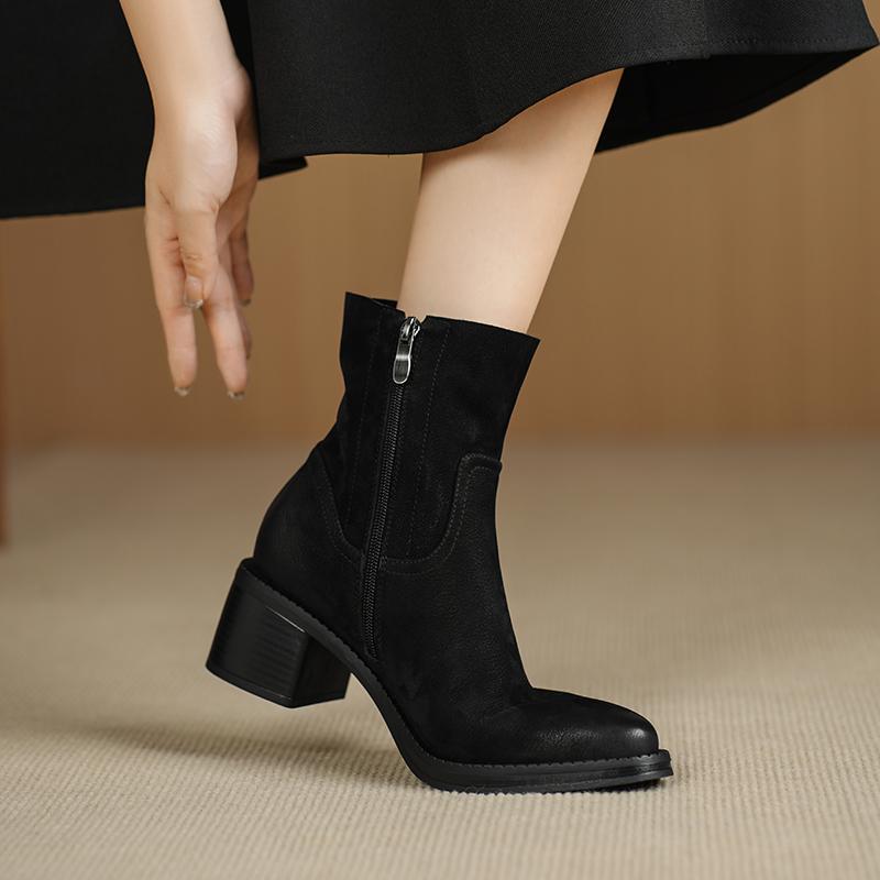 Fashion 2025 Autumn Women Boots Pointed Toe Chunky Heel Genuine Leather Women Shoes Short Modern Boots Winter High Heel Mid-calf Boots