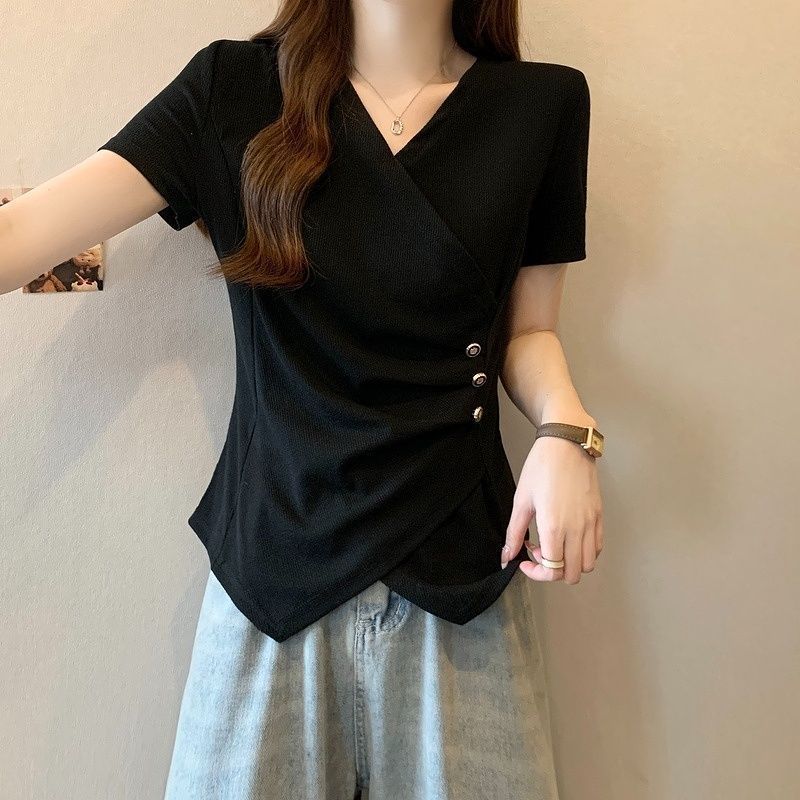 Large size design sense irregular front shoulder V-neck short-sleeved T-shirt women's summer new fat mm waist cover outer wear top