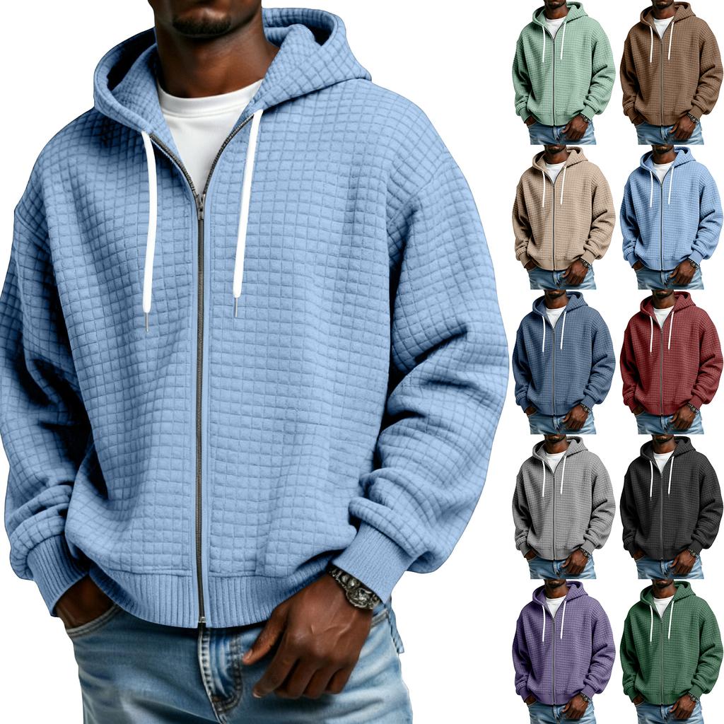 Men's Zip-Up Hooded Plaid Jacket- Drawstring Casual Sports Sweatshirt