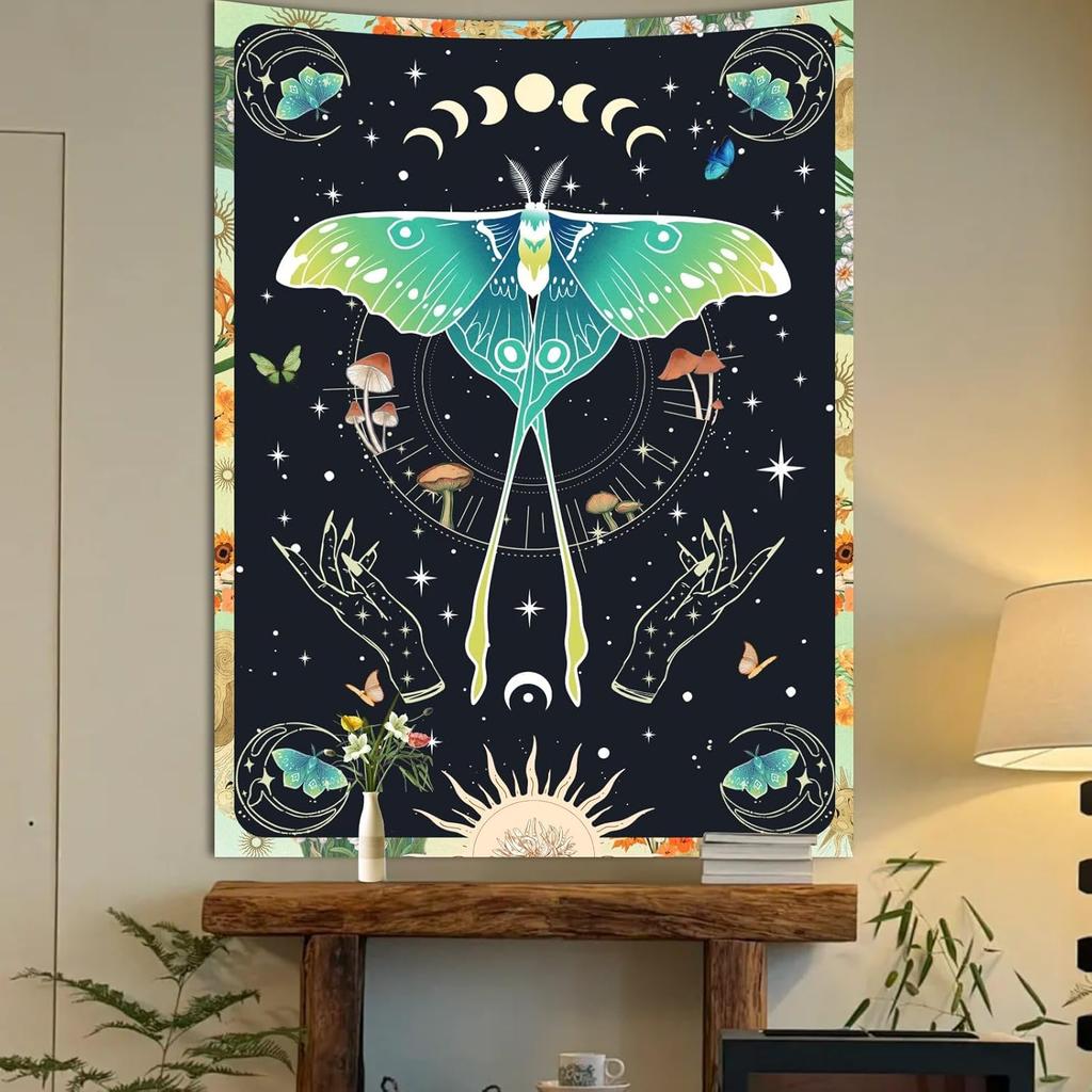 Mystical Luna Moth Tapestry, Green Moon Moth With Lunar Phases,Mushrooms And Witchy Hands Print Wall Hanging For Bedroom Living