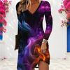 Women Plus Size V Neck Long Sleeve Tie Dye Printed A Line Dress