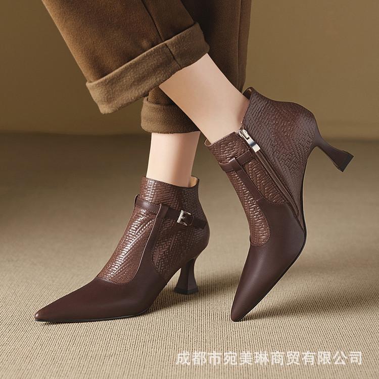 

European and American style first-layer cowhide thin heel pointed short boots women s 2025 foreign trade new splicing belt buckle sexy and ankle boots 39