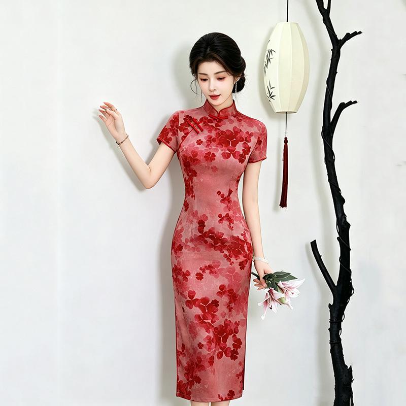 Red national style new Chinese style small medium and long cheongsam improved young women's high-end sense retro short sleeve summer