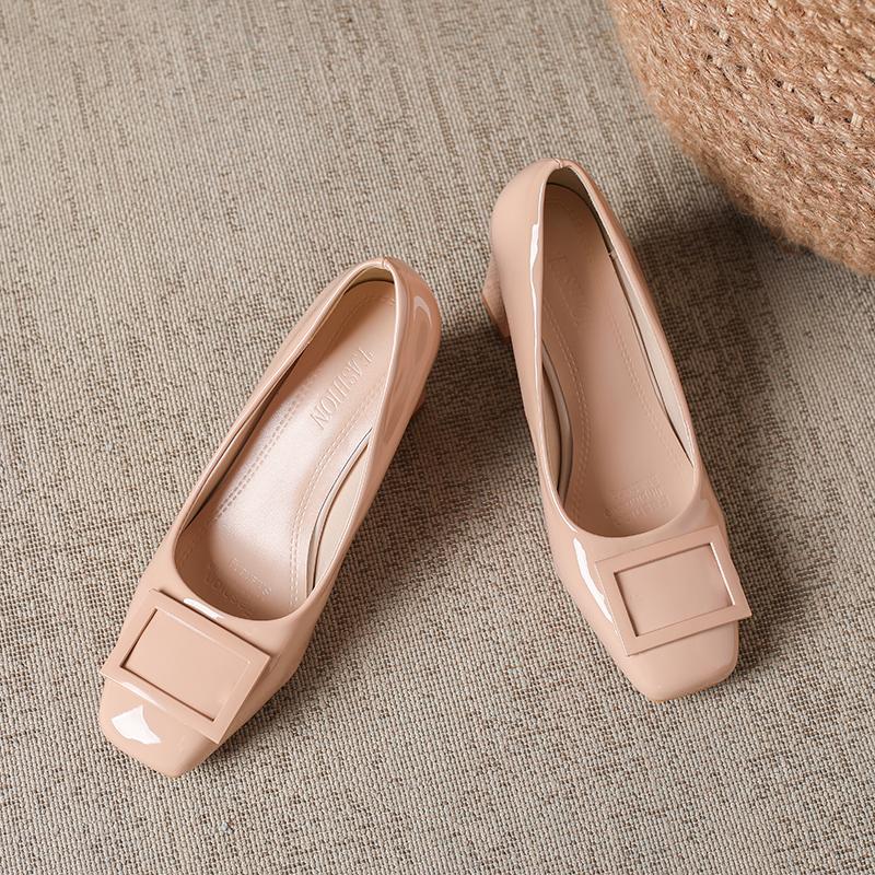 2025 New Spring New Square Head Thick Heels Women's Shallow Mouth Buckle Single Shoes Professional Shoes High Heels