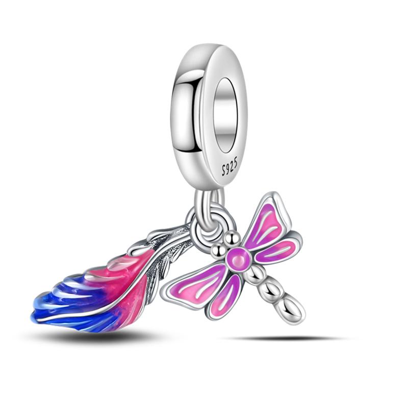 100% 925 Silver Exquisite Colored Dragonfly Charms Pendants Sparkling Zircon Fit Qikaola Original Bracelets DIY Jewelry