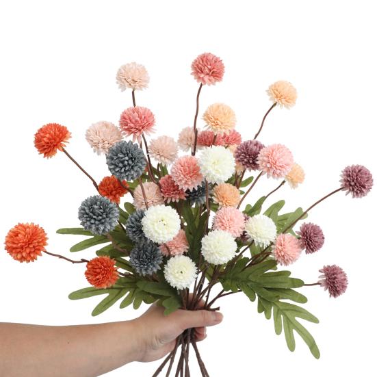 Faux Silk Pompon Mum Artificial Flowers 5 Heads Autumn Ball Chrysanthemum